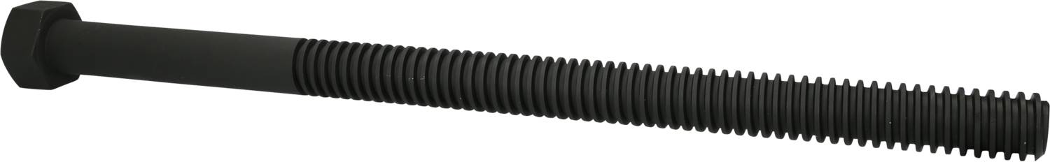 Schwarzer Metallbolzen mit Gewinde und Sechskantkopf, horizontal ausgerichtet.