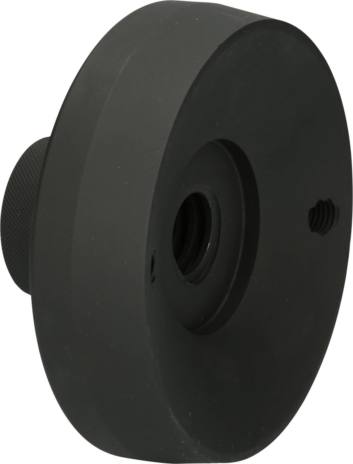Eine schwarze, runde Metallflansch mit einem zentralen Gewindeloch, seitlich gesehen.