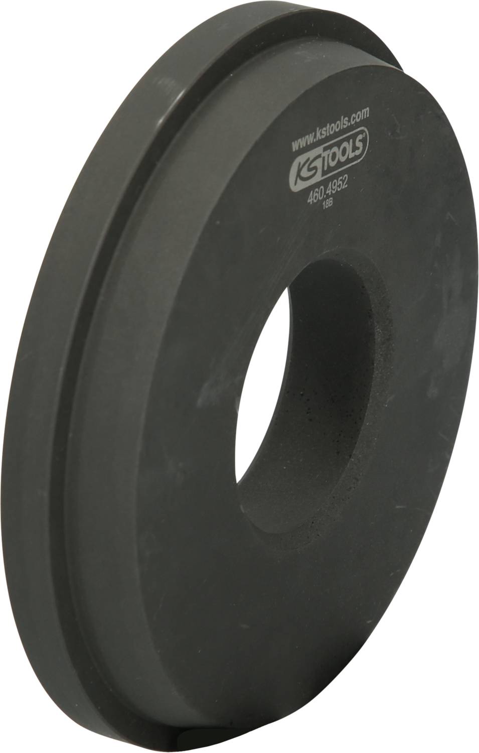 Schwarze, runde Metallscheibe mit zentralem Loch, seitlich fotografiert. Markierung 'KS TOOLS' und Website oben sichtbar. Verwendet im Maschinenbau.