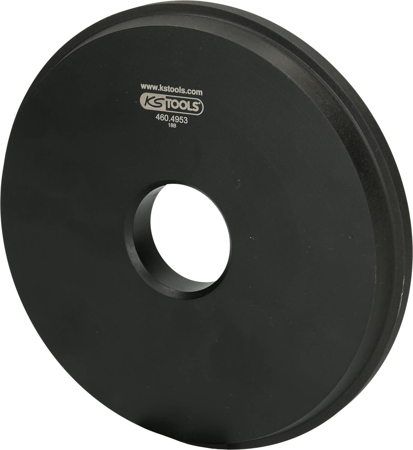 Schwarze Metallplatte mit zentralem Loch, darauf das Logo von 'KS Tools'. Verwendung wahrscheinlich als Werkzeugteil oder Adapter.
