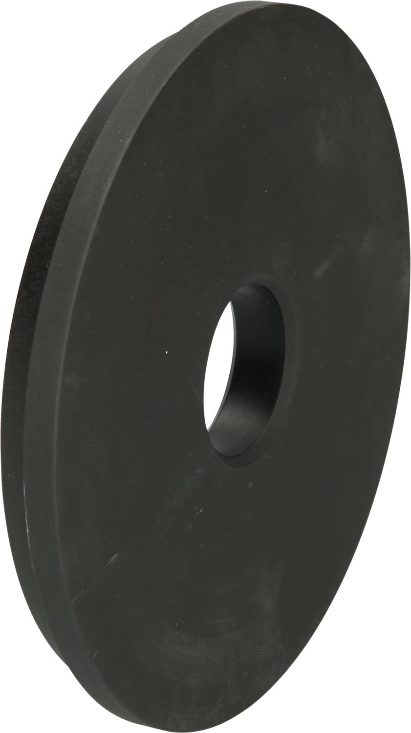 Eine große, flache, schwarze Scheibe mit einem Loch in der Mitte.