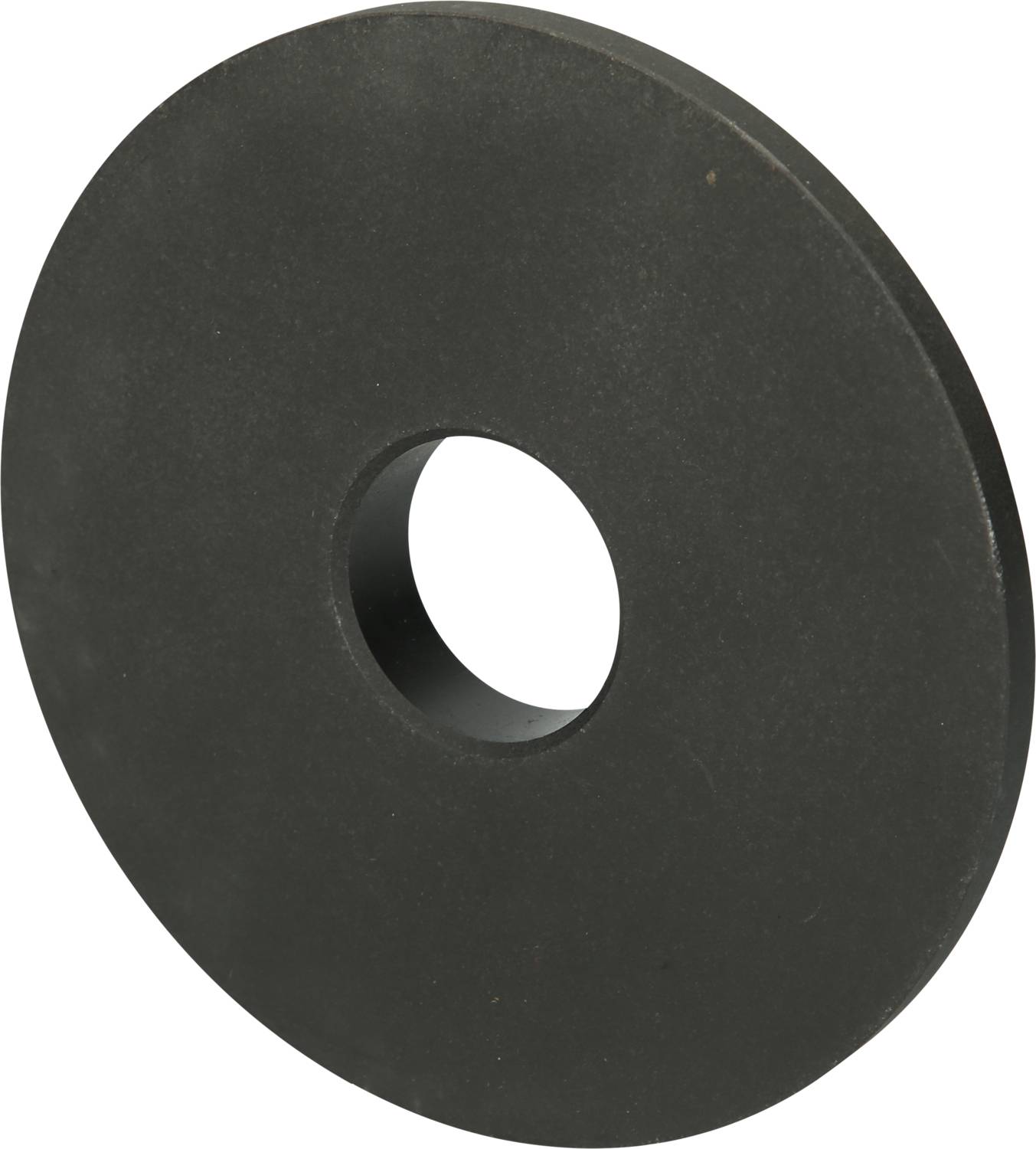 Eine runde, flache schwarze Scheibe mit einem Loch in der Mitte, möglicherweise eine Unterlegscheibe.