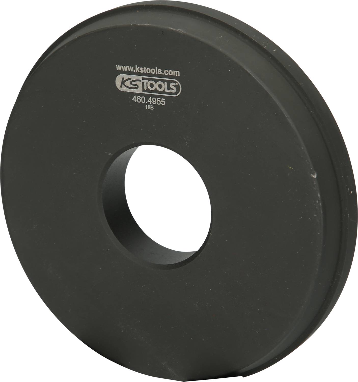 Eine runde, schwarze Metallscheibe mit einem zentralen Loch und der Aufschrift 'www.kstools.com 460.4955' auf der Oberfläche.
