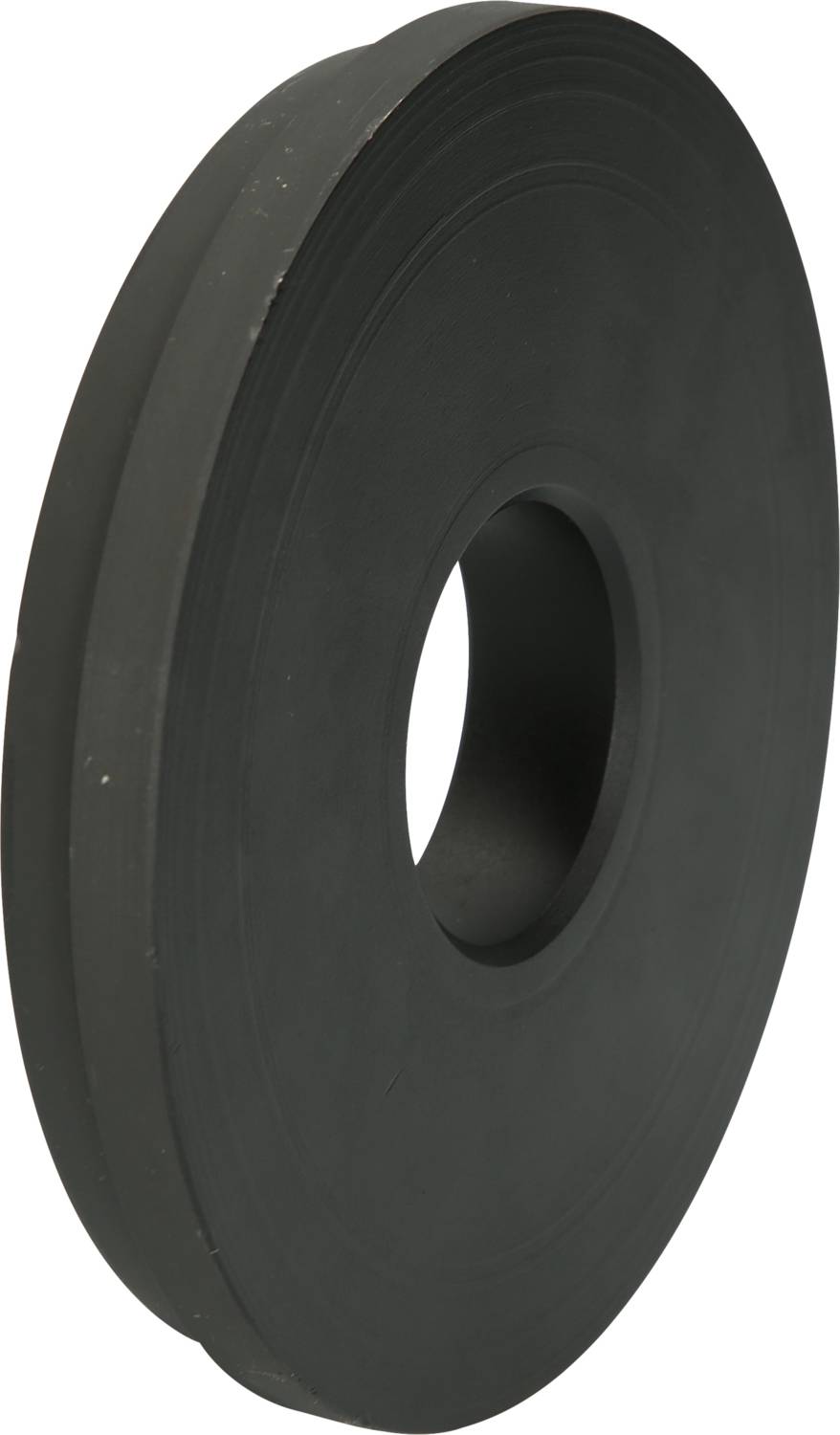 Schwarzes Gummiband auf Rolle, seitlich dargestellt, mit zentraler Öffnung. Geeignet für verschiedene Dichtungsanwendungen.