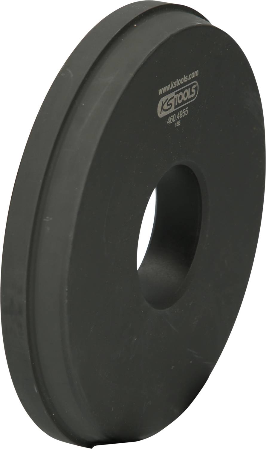 Schwarze, runde Metallscheibe mit zentraler Öffnung. Sie wird möglicherweise als Werkzeug oder Teil in mechanischen Anwendungen verwendet.