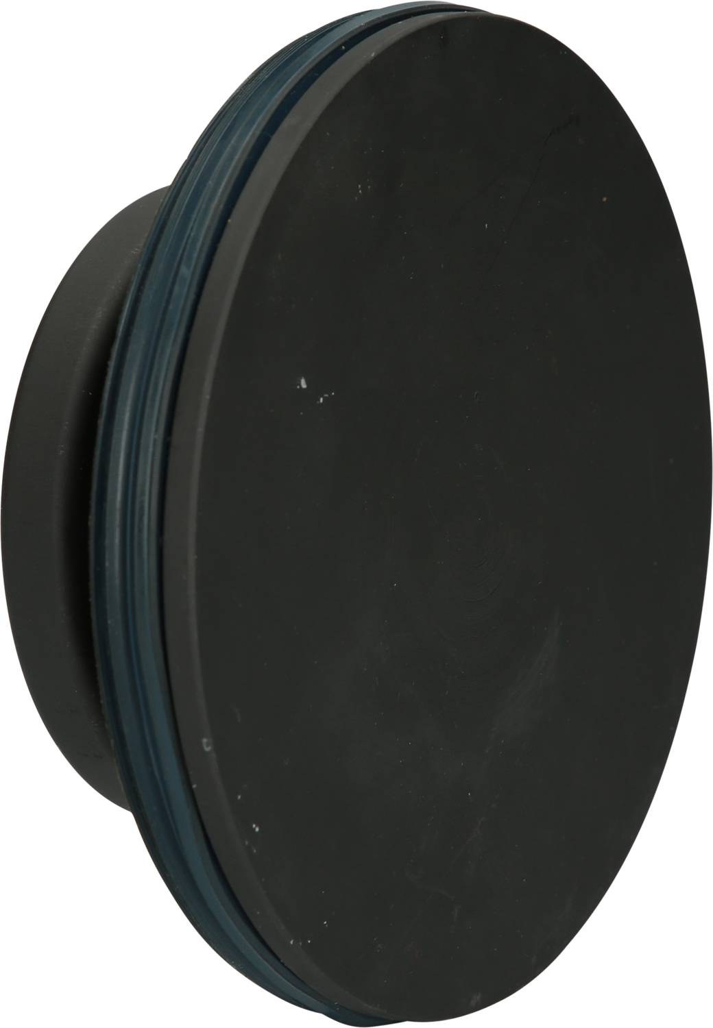 Runder schwarzer Kunststoffdeckel mit blauer Umrandung.