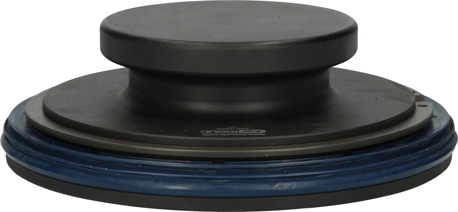 Eine schwarze mechanische Komponente mit flacher, runder Form und blauer Dichtungsfläche am Rand.