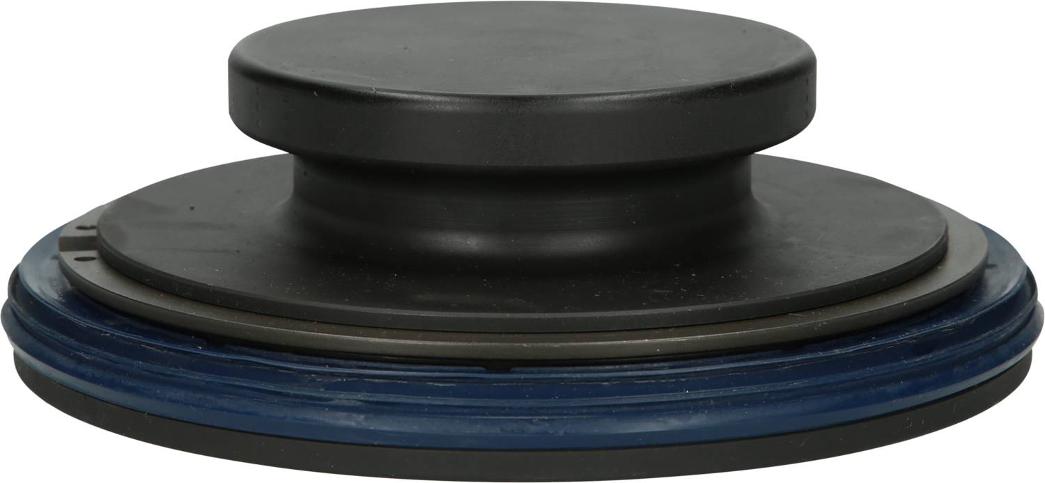 Rundes, flaches, schwarzes Objekt auf blauem Sockel, möglicherweise eine Art Stopper oder Dämpfer, auf weißem Hintergrund.