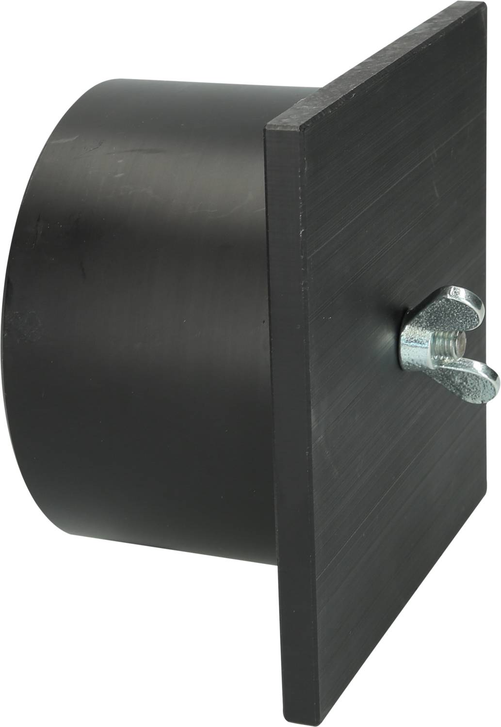 Schwarze zylindrische Abdeckkappe mit quadratischer Platte, befestigt durch eine Flügelmutter.