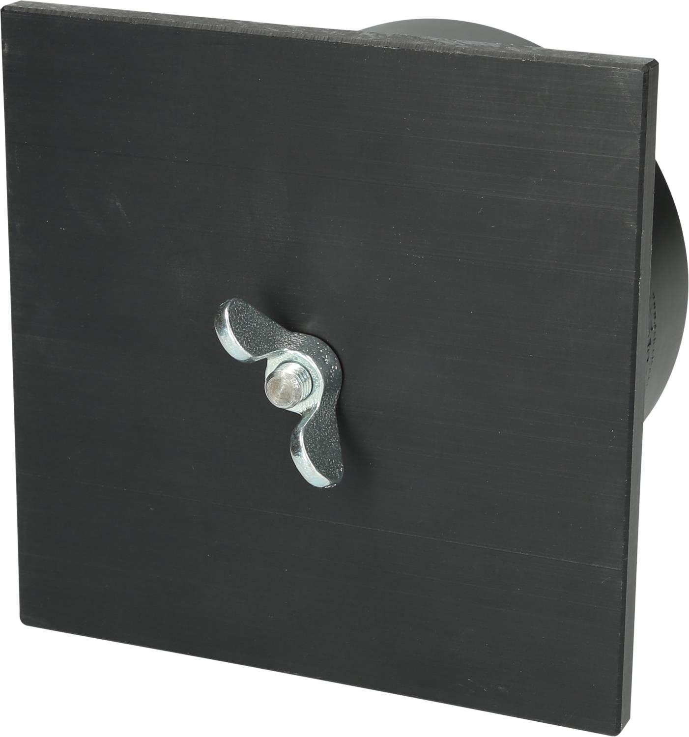 Schwarzes quadratisches Paneel mit einem mittigen, metallischen, flügelartigen Schraubverschluss.