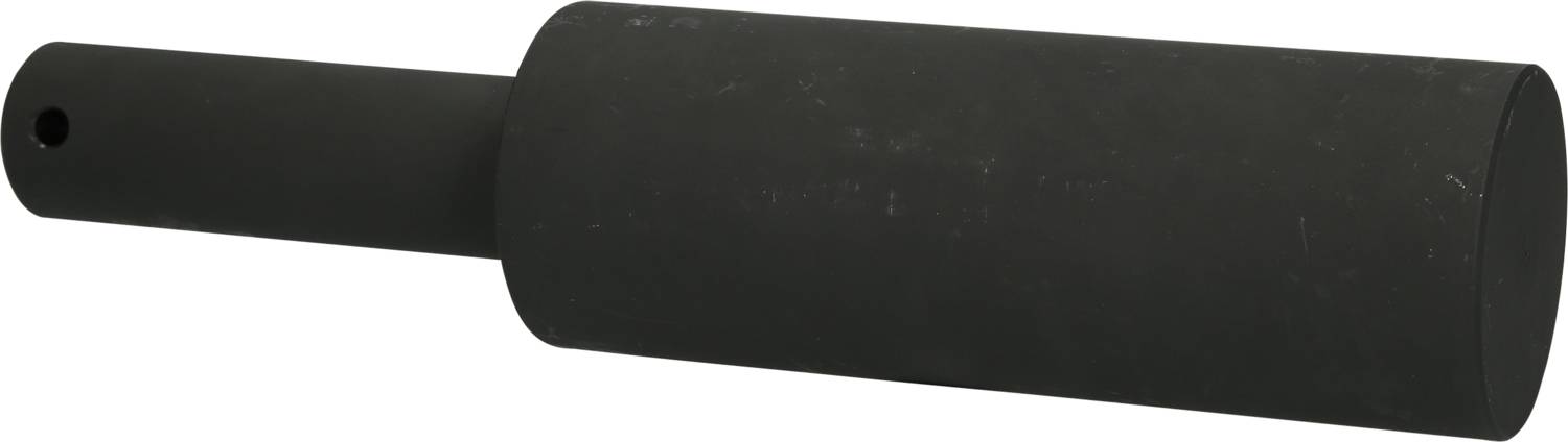 Ein schwarzer, zylindrischer Gummistopper mit seitlich durchbohrtem Griff.