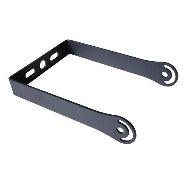 Metallhalterung, schwarz, rechteckig, mit zwei runden Enden und Löchern zur Befestigung. Geeignet für Montagezwecke.