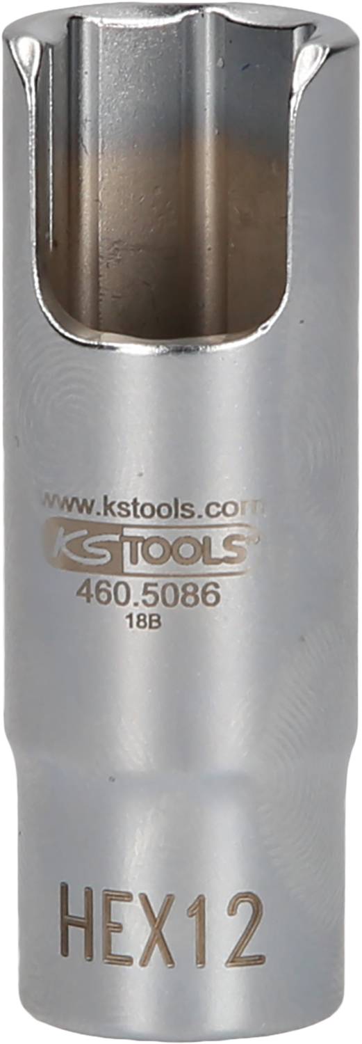 Sechskant Nuss HEX12 von KS Tools, silberfarbig, mit Aufschrift 'www.kstools.com 460.5086 18b', zylindrische Form, glatt poliert.