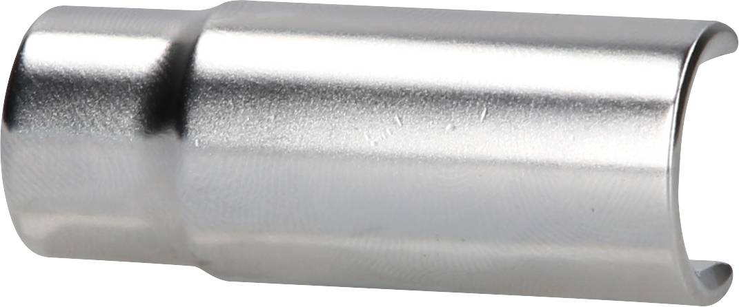 Ein silbernes zylindrisches Metallwerkzeug mit einer halboffenen Spitze, das für die Aufnahme von Muttern oder Schrauben konzipiert ist.