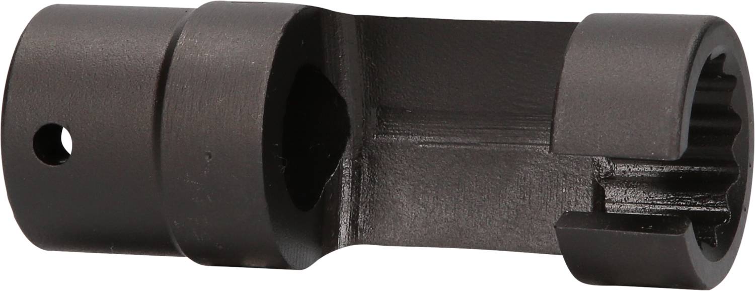 Ein schwarzes Metallteil, das wie ein mechanischer Adapter aussieht, mit einem runden Ende und einem gerillten anderen Ende.