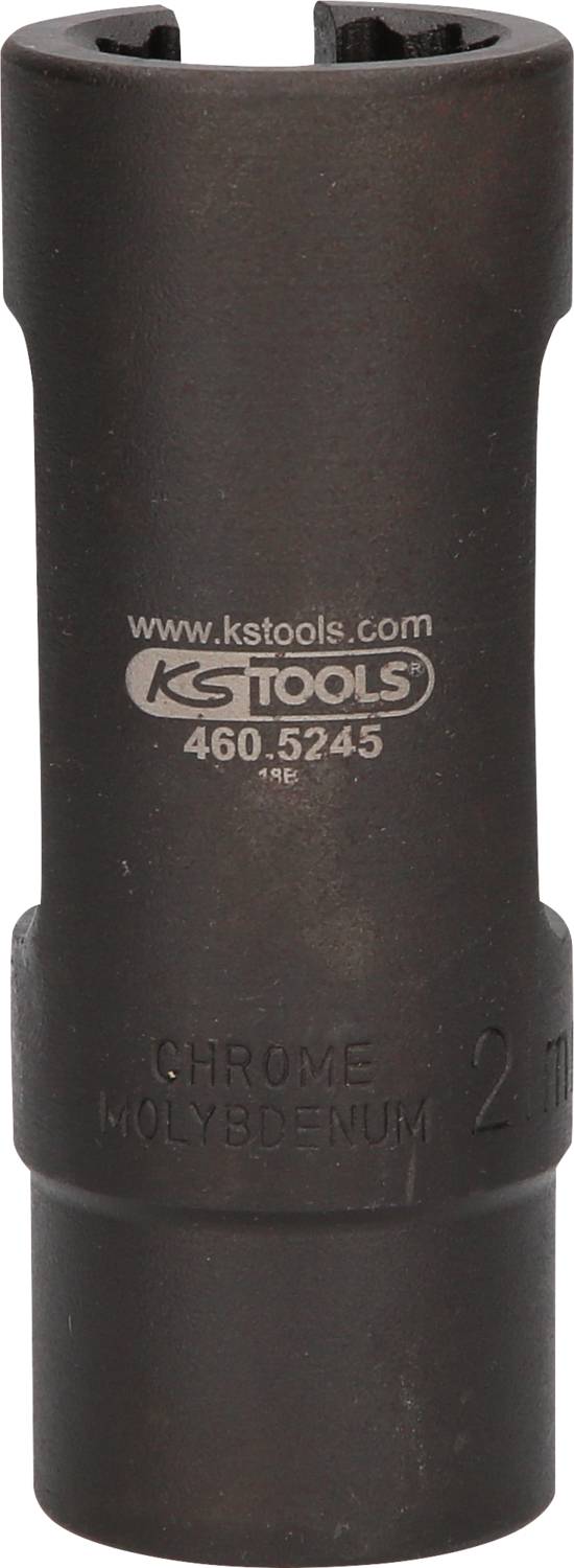 Ein schwarzer Steckschlüssel, geprägt mit 'KSTools' und 'Chrom Molybdän'. Er dient zum Anziehen von Schrauben und Muttern.