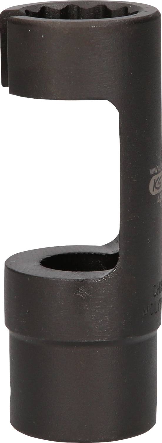 Ein schwarzer, metallischer Rohrsteckschlüssel mit seitlicher Öffnung zur Befestigung auf Rohre oder Schrauben.