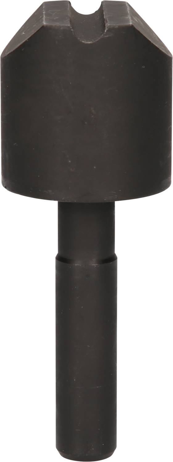 Ein schwarzer Bohrkopf aus Metall mit zylindrischer Form und einer zentralen Einkerbung, verwendet für das Bohren von Löchern.