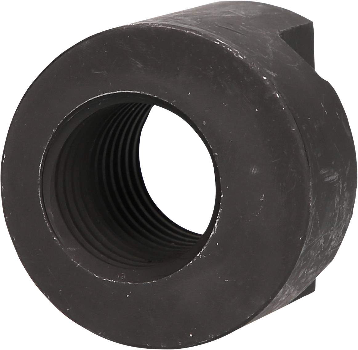 Ein schwarzer Metall-Sechskantadapter mit Gewindeöffnung in der Mitte, verwendet für mechanische Befestigungen oder Verbindungen.