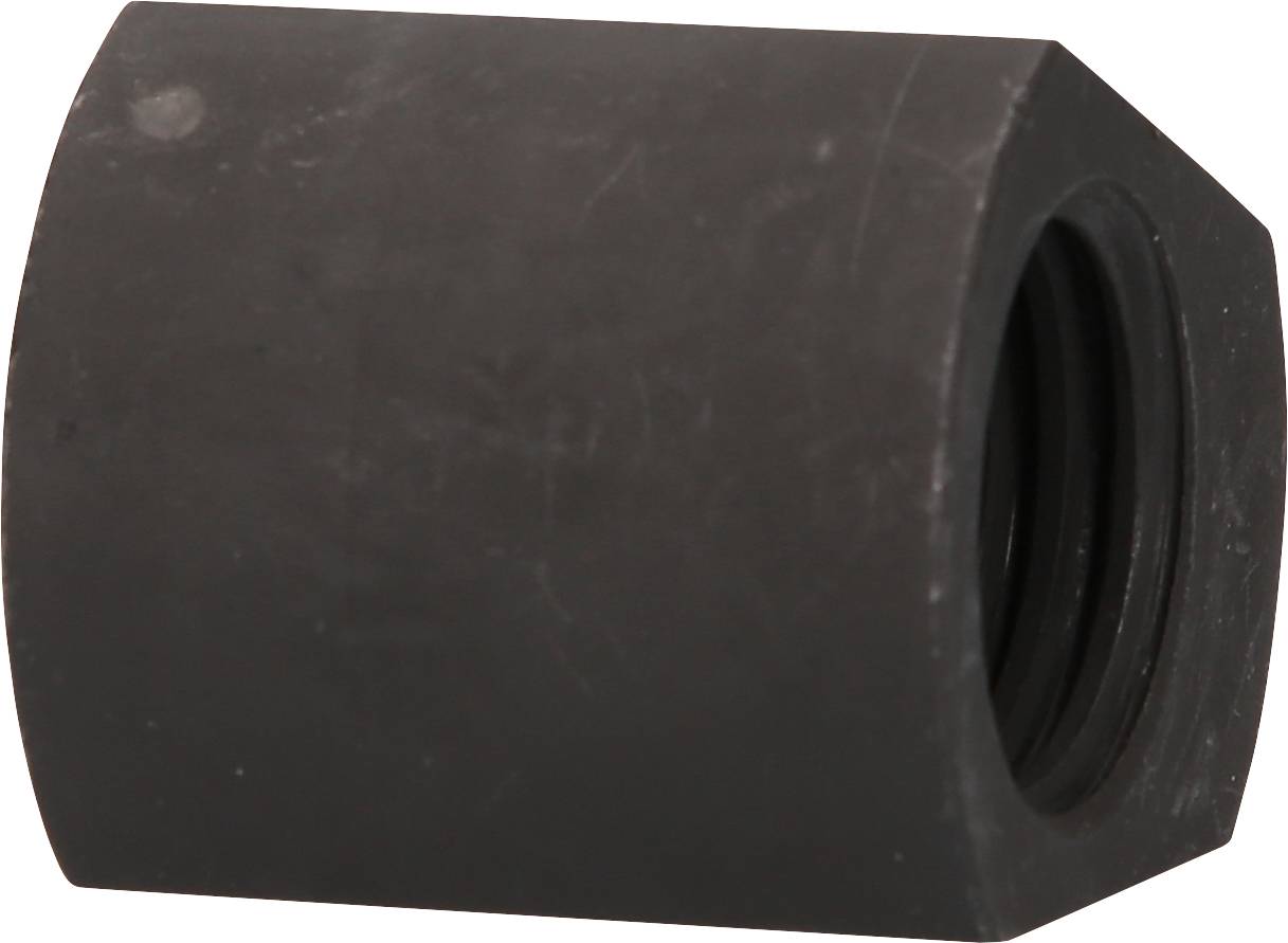 Ein schwarzes, sechseckiges Metallteil mit einem Innengewinde, möglicherweise ein Adapter oder eine Buchse für mechanische Verbindungen.