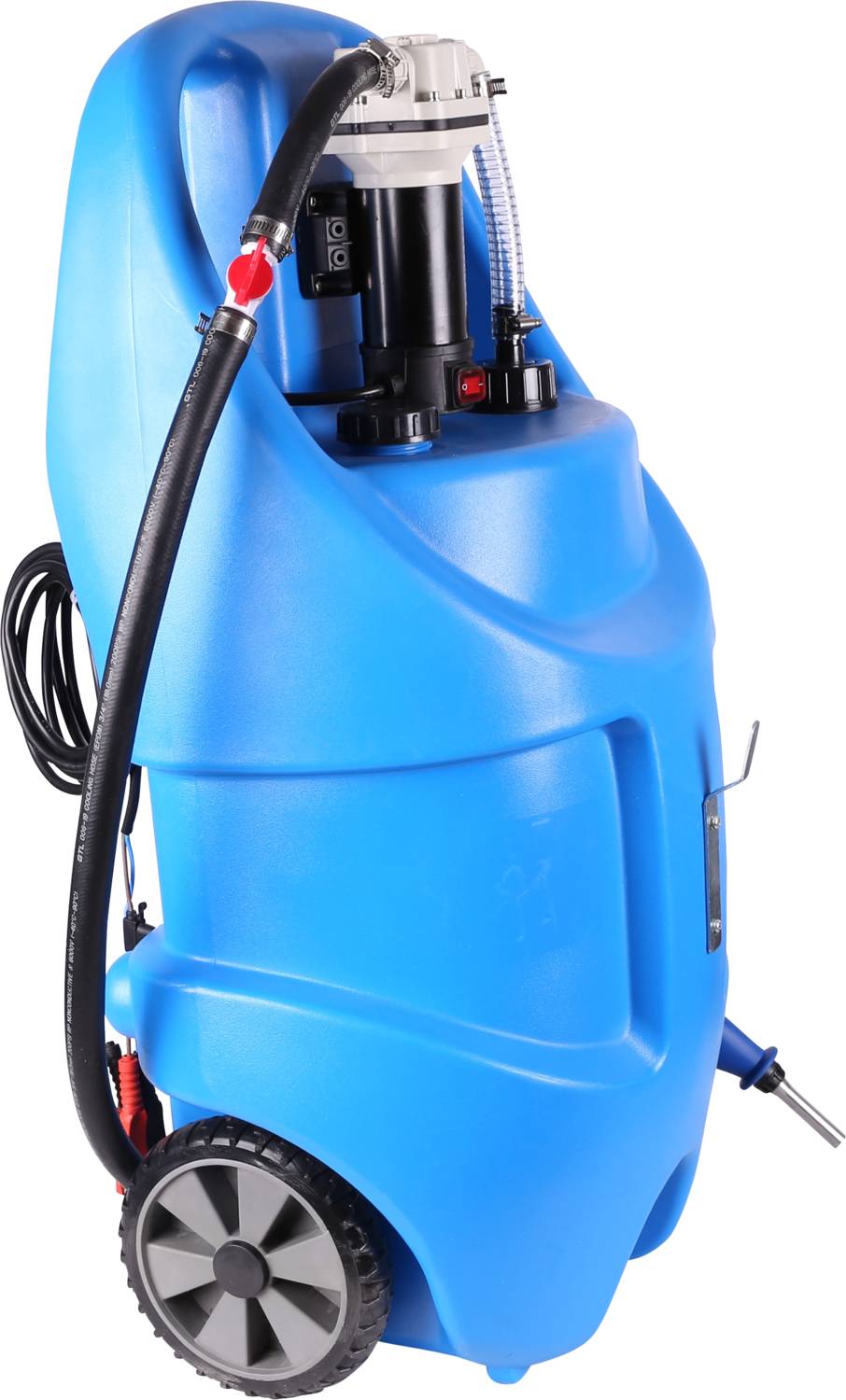 Blauer mobiler Wasser- oder Flüssigkeitstank mit Rädern und Schlauch, geeignet für den Transport und das Umfüllen von Flüssigkeiten.