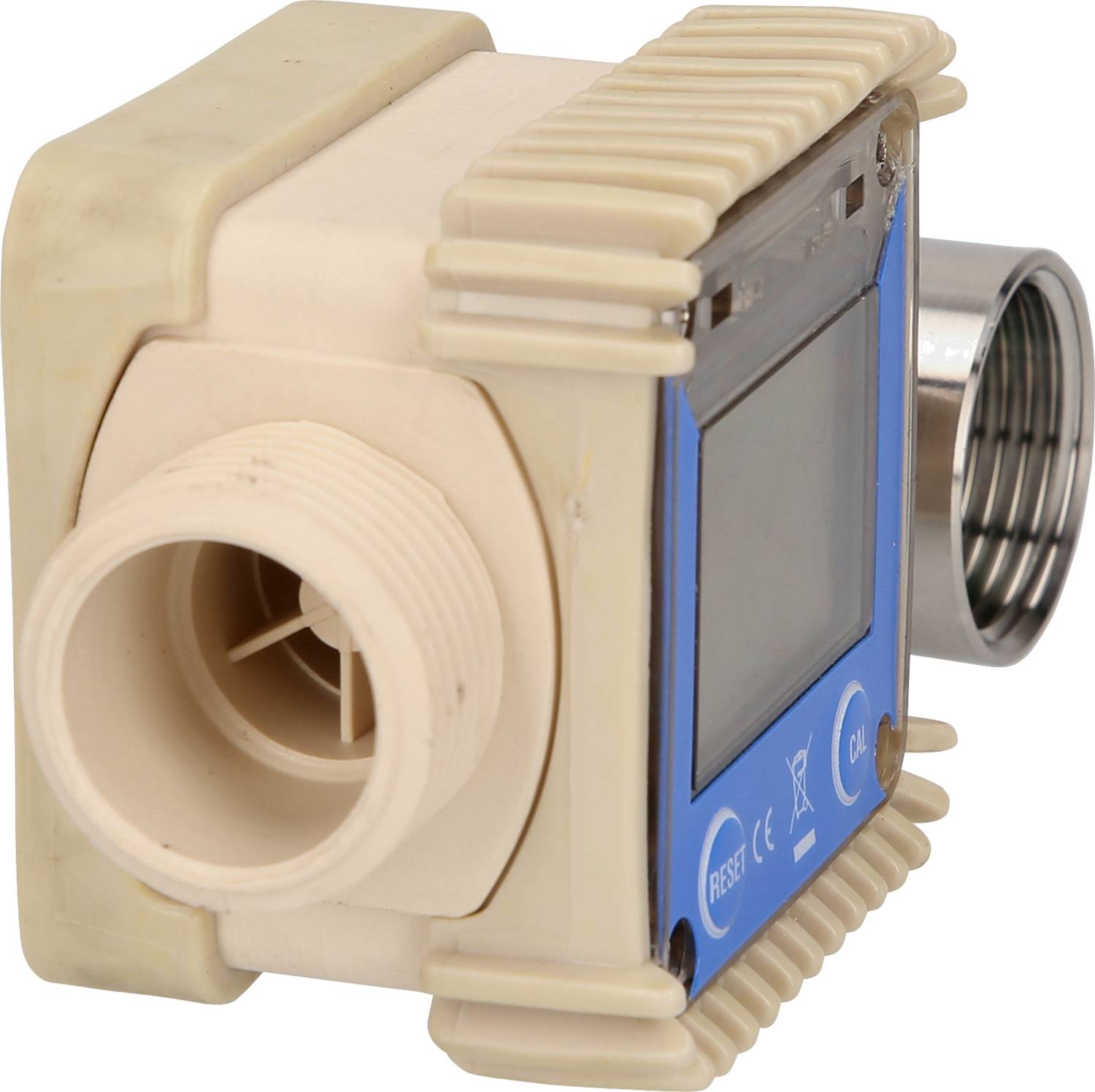 Ein elektronischer Durchflusssensor mit Display, Anschlüssen und Tasten für 'Reset' und 'Cal'. Hauptfunktion: Messung des Flüssigkeitsflusses.
