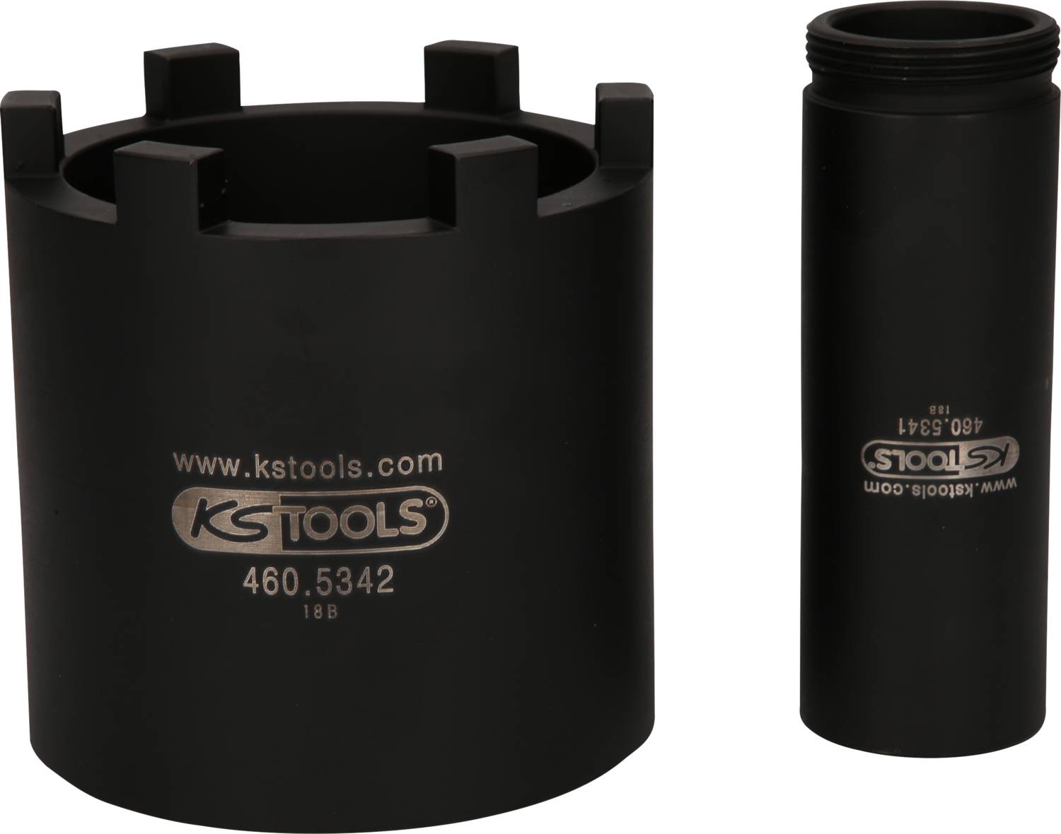 'Zwei schwarze Zylinder mit KS Tools-Logo, einer breiter und kürzer, der andere schmaler und länger. Werkzeuge zum Schrauben.'