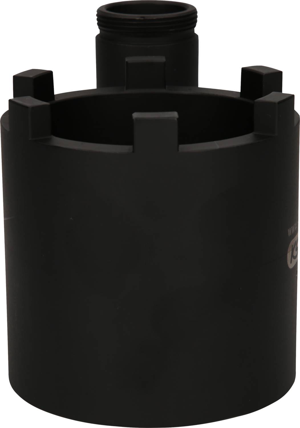 Ein schwarzer, zylindrischer Adapter mit mehreren rechteckigen Erhebungen und einem Gewinde oben für eine technische Anwendung.