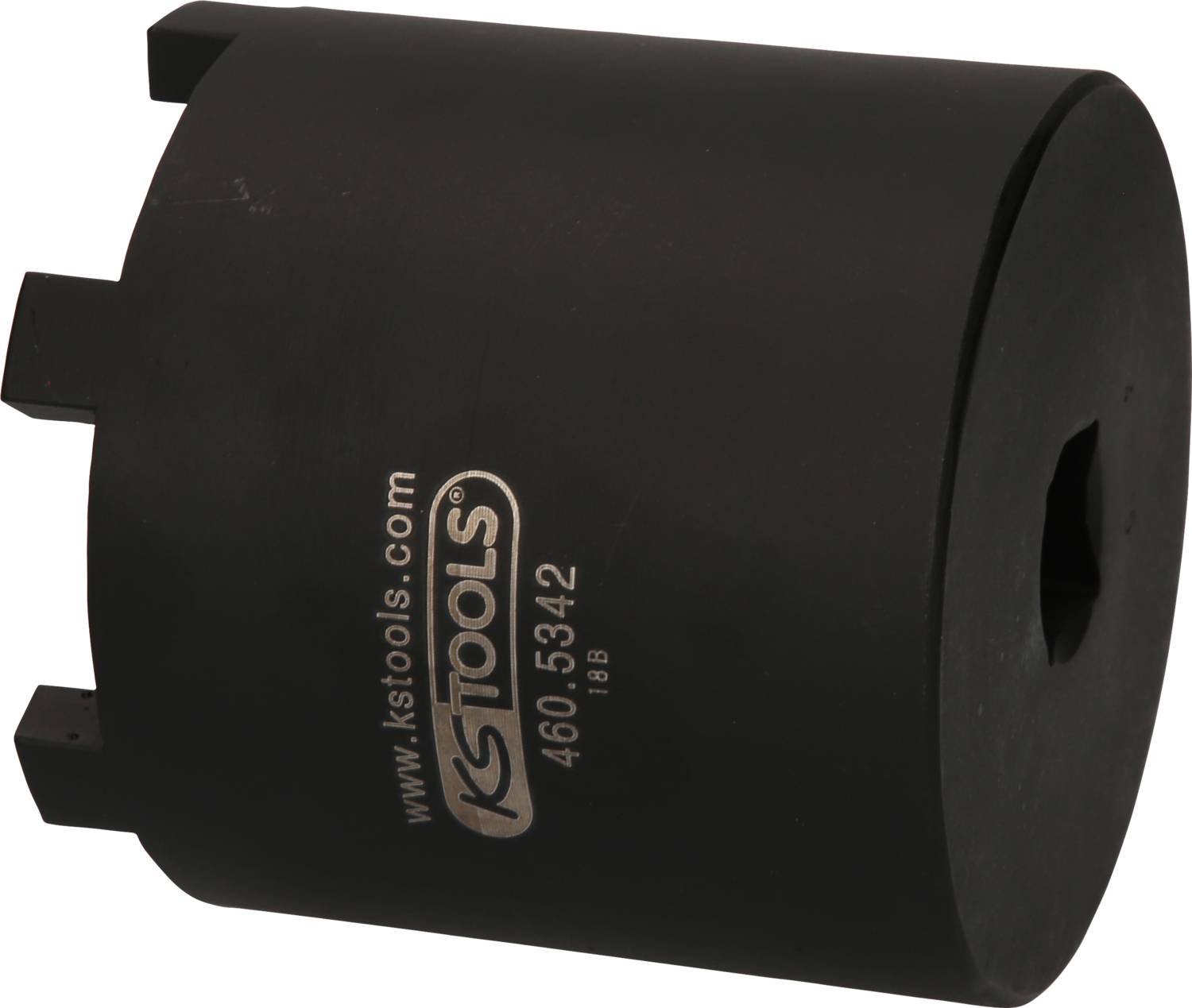 Zylinderförmiges Werkzeug von KS Tools mit zwei seitlichen Einkerbungen, schwarzem Finish und Modellnummer 460.5342, verwendet für spezielle Schraubanwendungen.