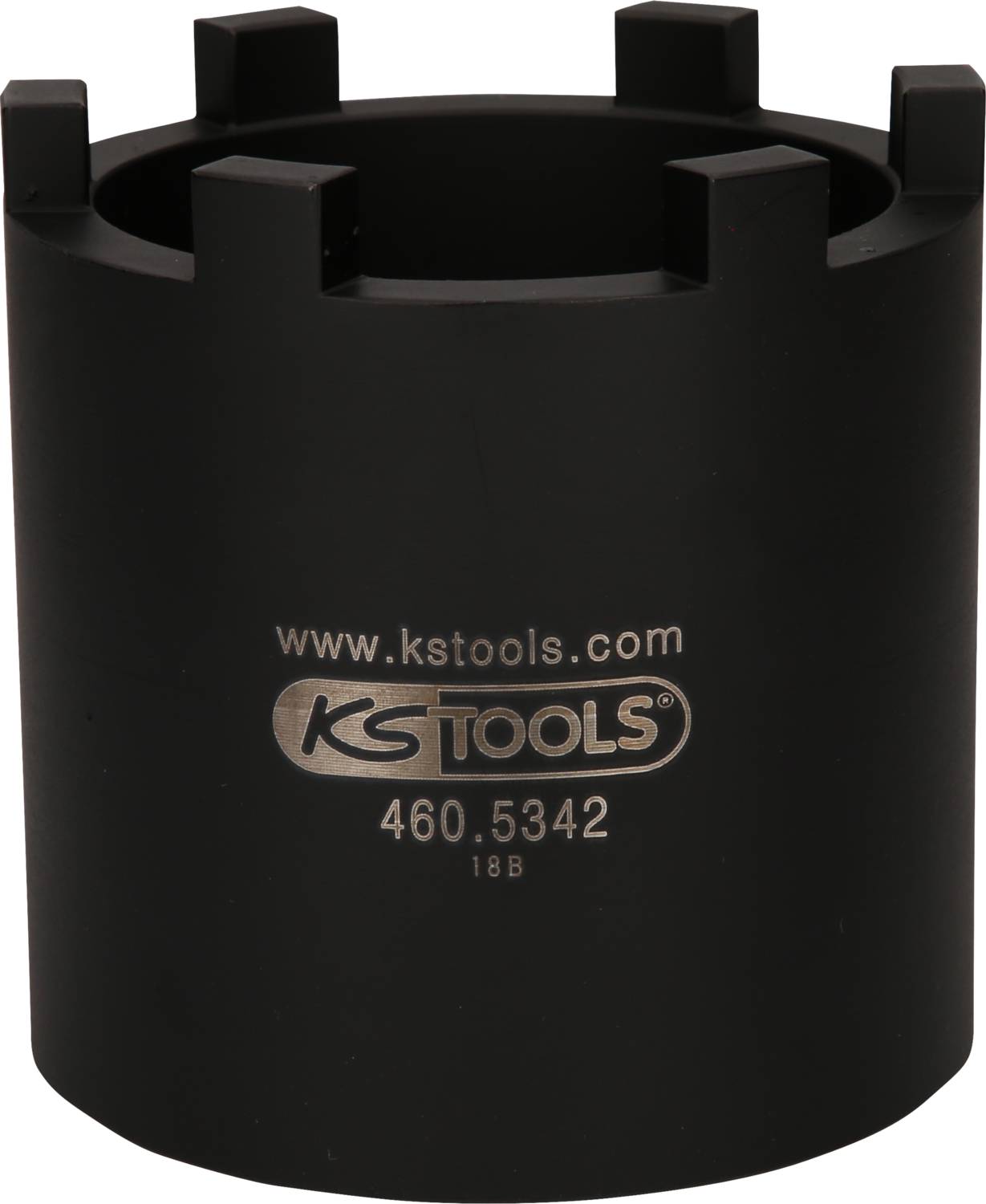 Schwarzes zylindrisches Werkzeug mit quadratischen Zacken an der oberen Kante, beschriftet mit 'www.kstools.com' und '460.5342'.