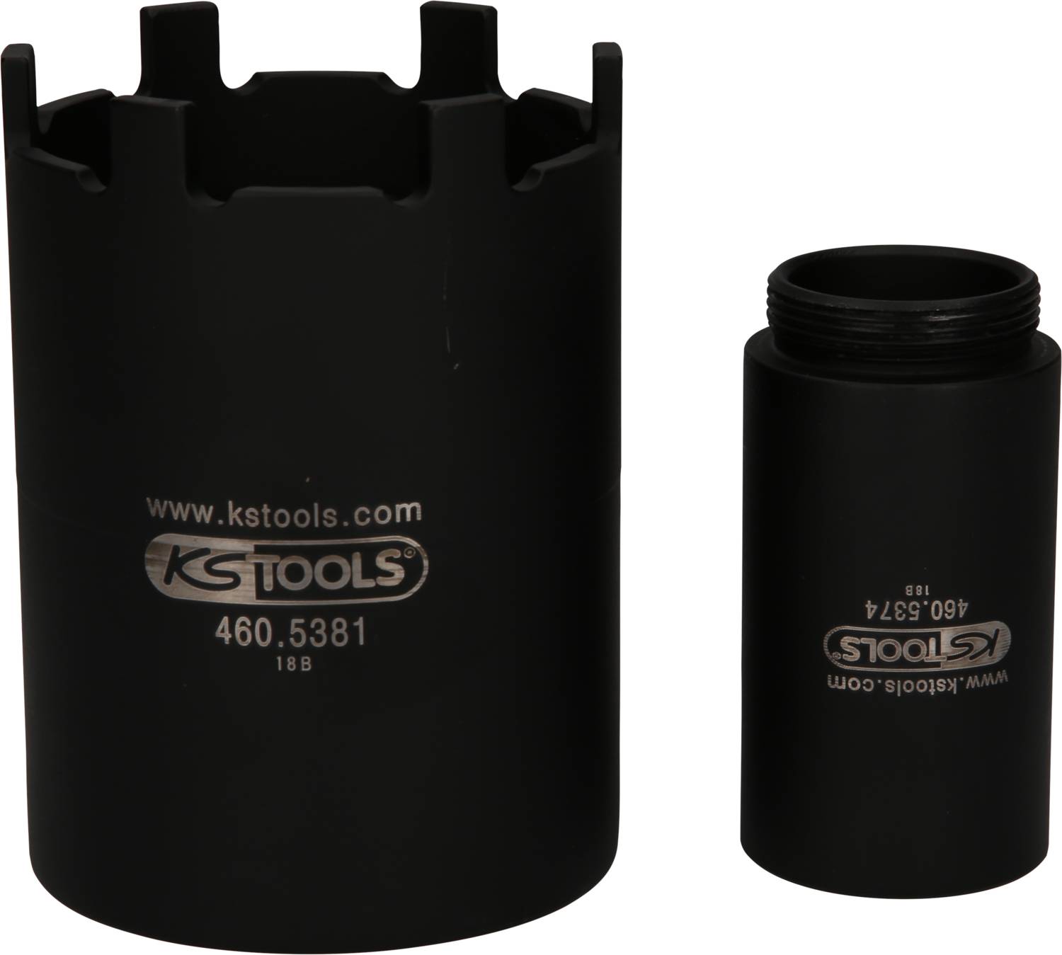 'Zwei schwarze Steckschlüssel-Aufsätze, einer größer und einer kleiner, beide mit der Aufschrift "www.kstools.com'