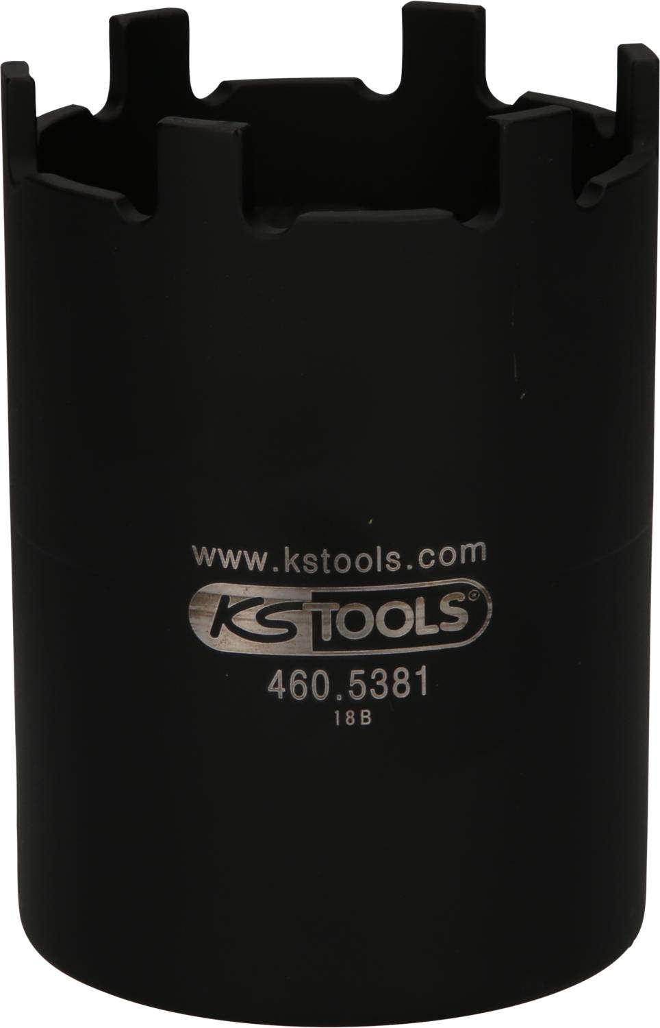 Eine schwarze Stecknuss von KS TOOLS mit der Aufschrift 'www.kstools.com' und '460.5381 18B', geeignet für den professionellen Einsatz.