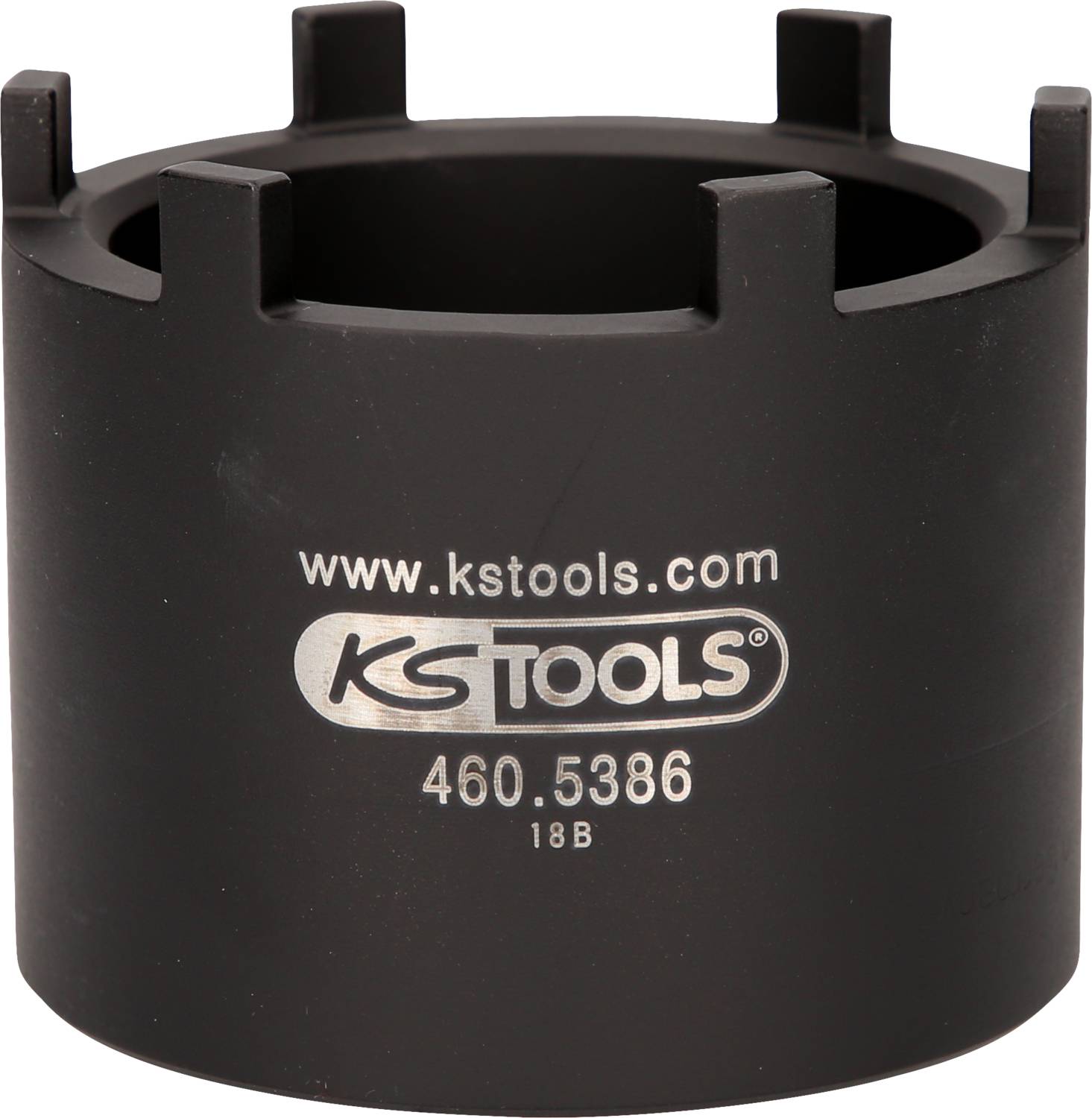 Schwarze Spezialnuss von KS Tools mit der Aufschrift 'www.kstools.com', Modellnummer '460.5386'. Verwendet für spezifische Befestigungen.