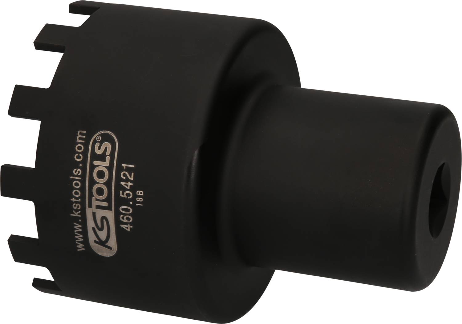 Ein schwarzes Spezialwerkzeug von KS Tools mit Zähnen an einem Ende und der Aufschrift 'KS TOOLS 460.5421'.
