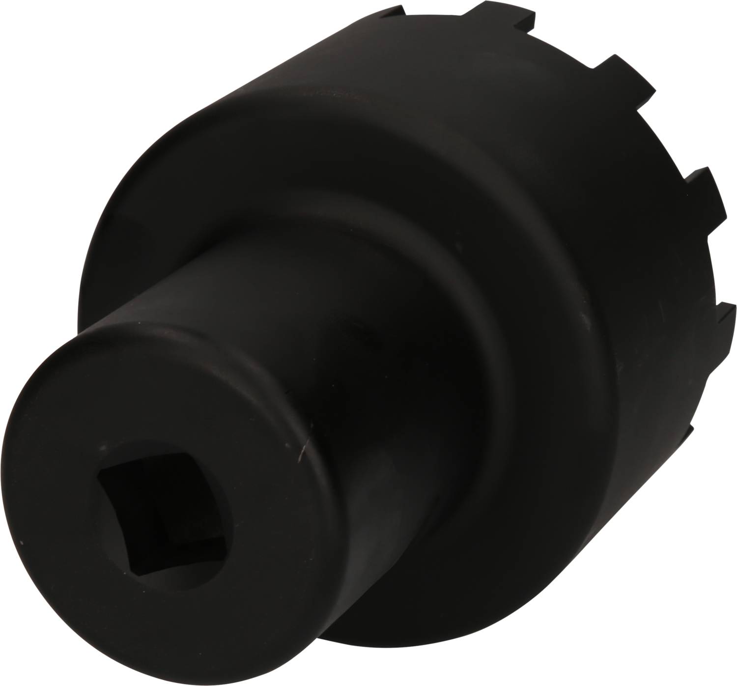 Ein schwarzer Ölfilter-Schlüssel mit zylindrischer Form und gezacktem Rand, verwendet zum Entfernen von Ölfiltern bei Fahrzeugwartungen.