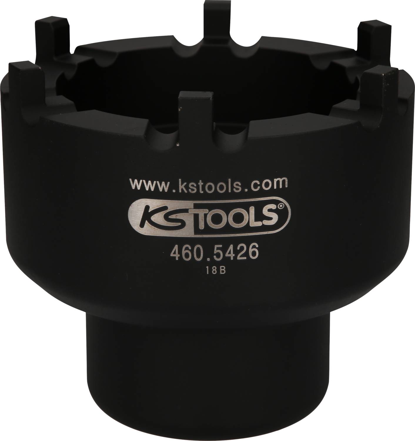 Ein schwarzer Werkzeugaufsatz von KS Tools mit der Aufschrift 'www.kstools.com 460.5426 18B', zylindrische Form, gezackte Kante.