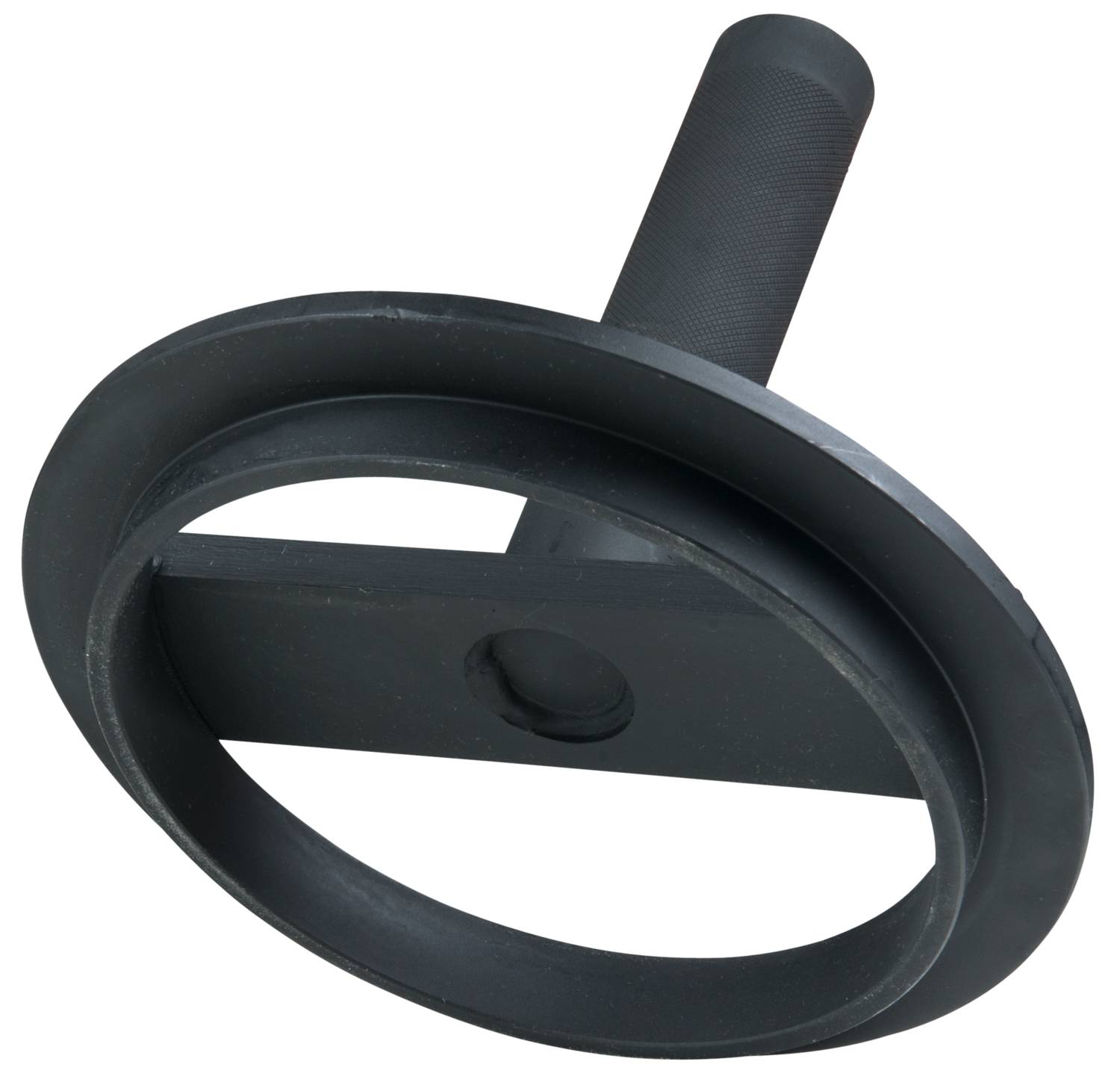 Ein ovaler Griff aus schwarzem Metall mit einem Seitensteg, der für Krafttraining oder Fitnessübungen verwendet wird.