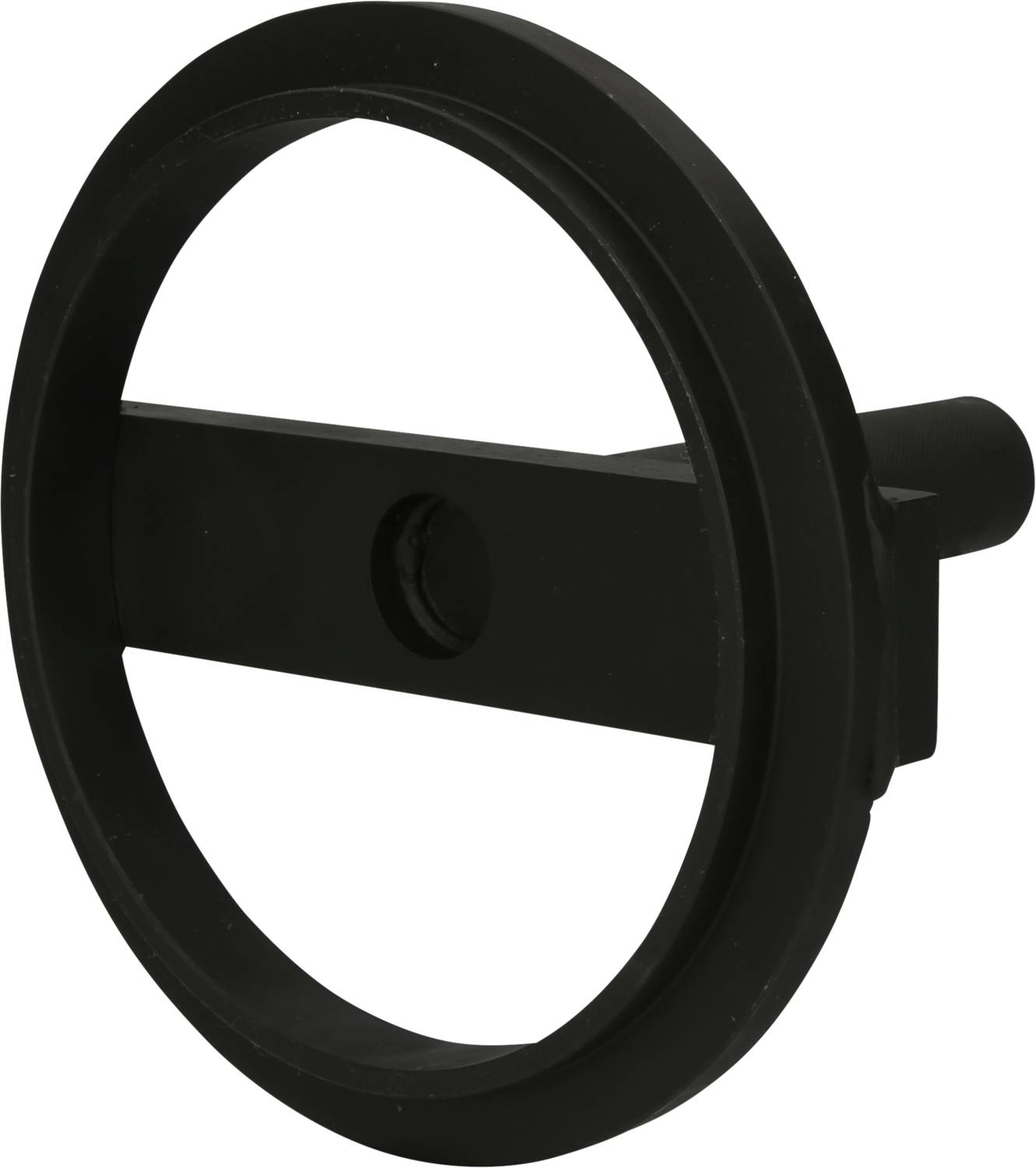 Schwarzes, rundes Objekt mit einem Querbalken und einem zentralen Loch, möglicherweise Teil eines mechanischen oder elektrischen Geräts.