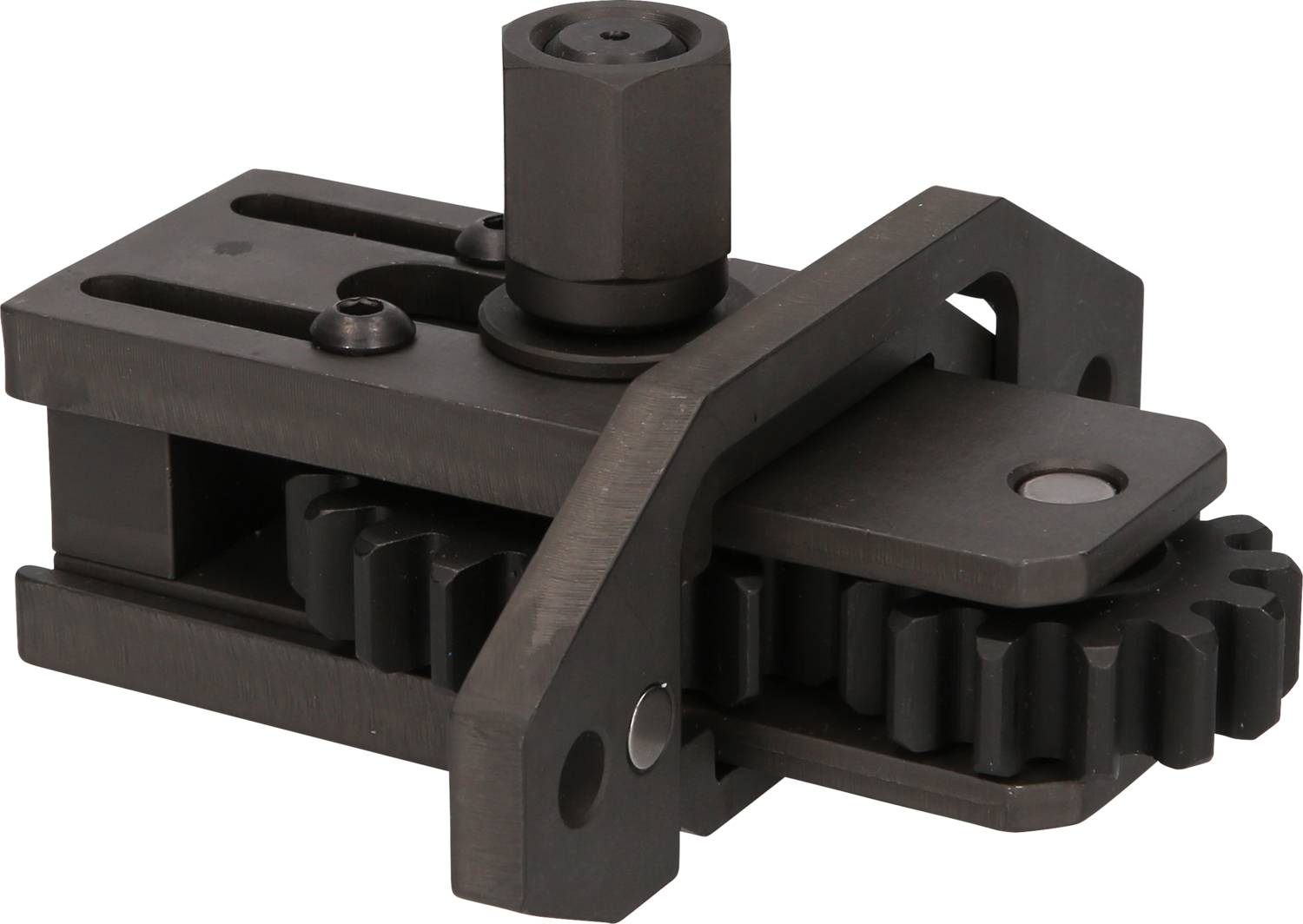 Ein schwarzes, metallisches Zahnrad-Modul, bestehend aus Zahnstangen und runde Schraube, das mechanische Bewegungen überträgt.