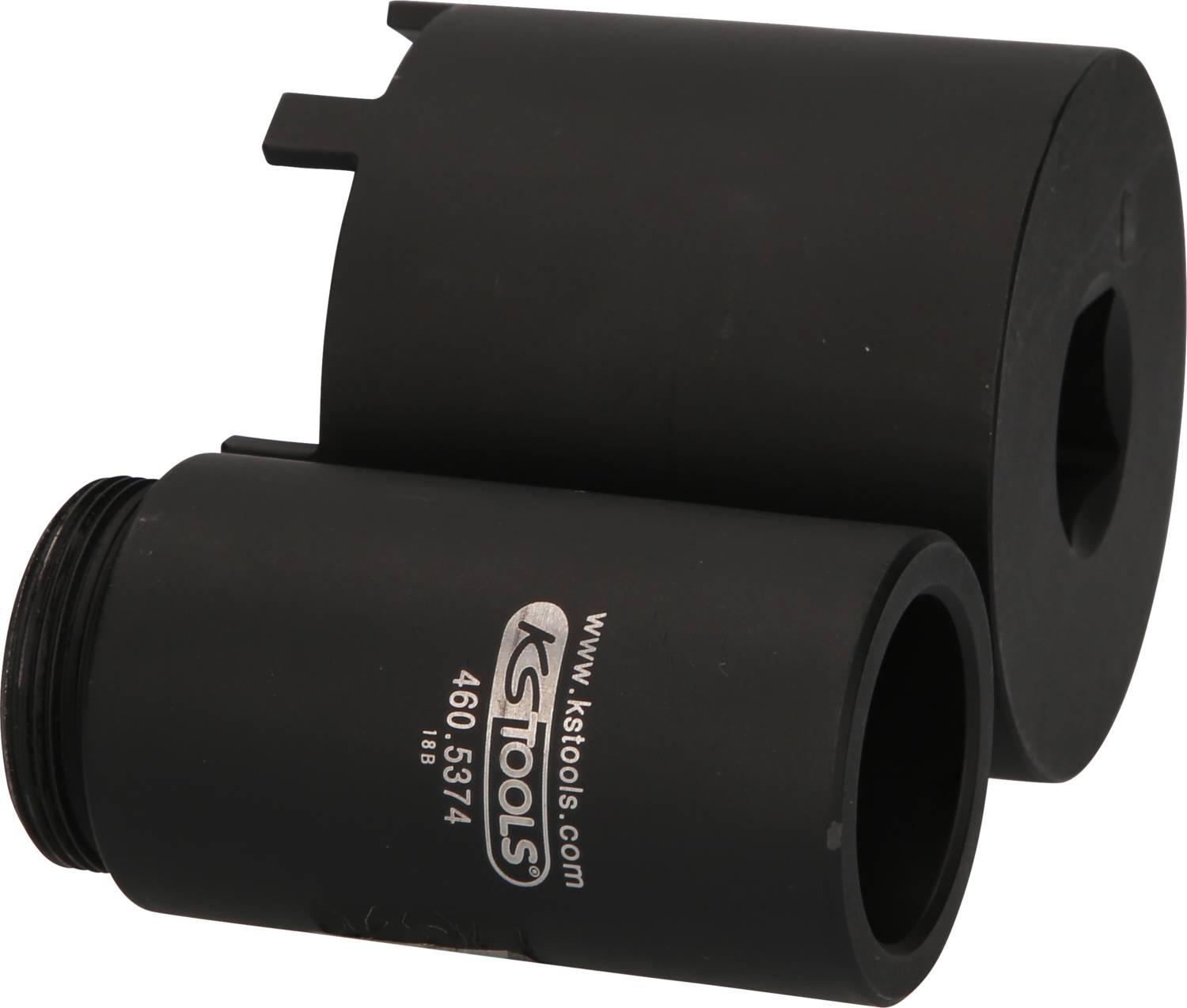 Zwei schwarze cylindrische Werkzeugadapter mit Aufschrift 'KS Tools 460.5374'. Sie dienen zur Befestigung und Reparatur.