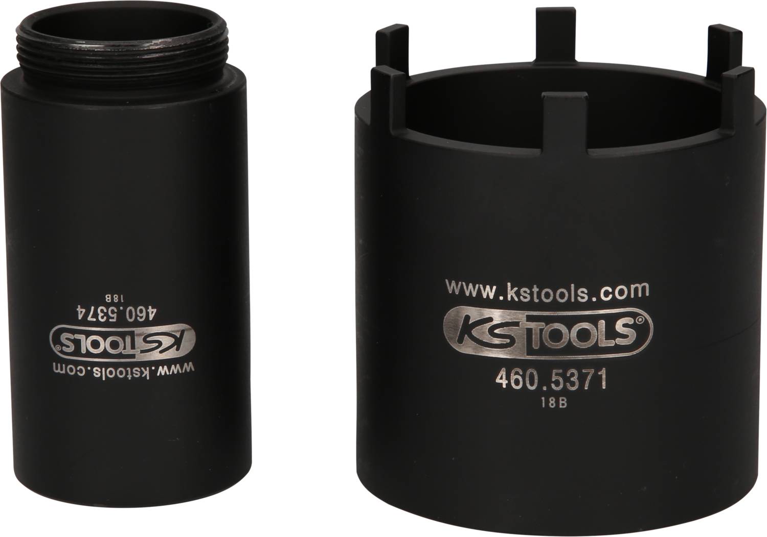 Zwei schwarze Zylinder-Werkzeuge mit Aufschrift 'www.kstools.com' und '460.5371' auf beiden Seiten. Links mit Gewinde, rechts offen.