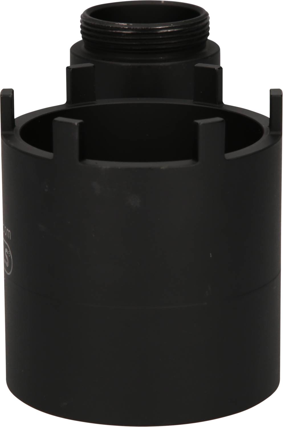 Schwarzes zylindrisches Bauteil aus Kunststoff mit Gewinde an der Oberseite, möglicherweise Adapter oder Verbindungselement.