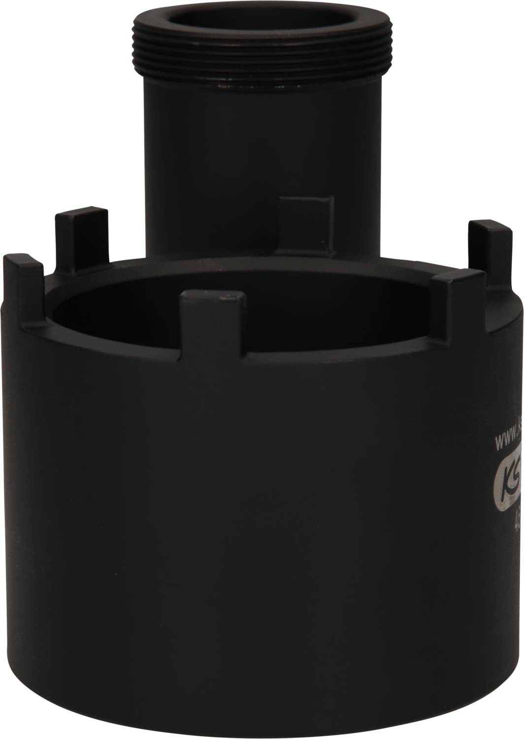 Schwarzer zylindrischer Adapter mit mehreren seitlichen Stützen und einem Gewinde oben. Verwendet für mechanische Verbindungen.