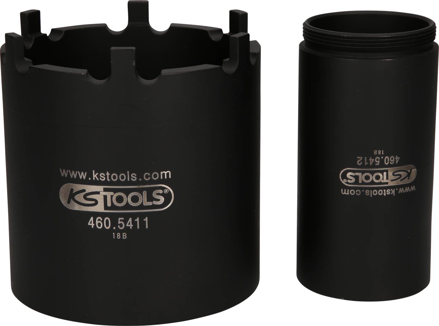 Zwei schwarze Aufsätze von KS Tools, links ein breiterer mit Zähnen an der Öffnung, rechts ein schmalerer, beide mit Markennamen.