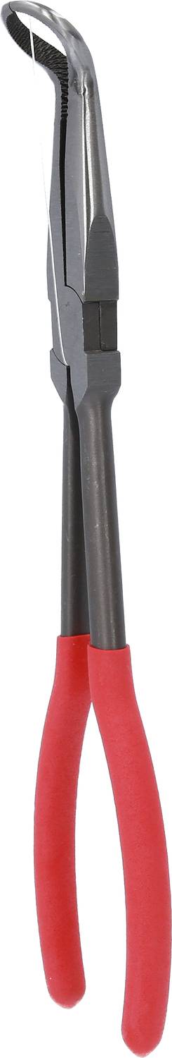 Eine metallische Zange mit roten Griffen, leicht gebogen, vor weißem Hintergrund. Ideal für handwerkliche Arbeiten oder Reparaturen.