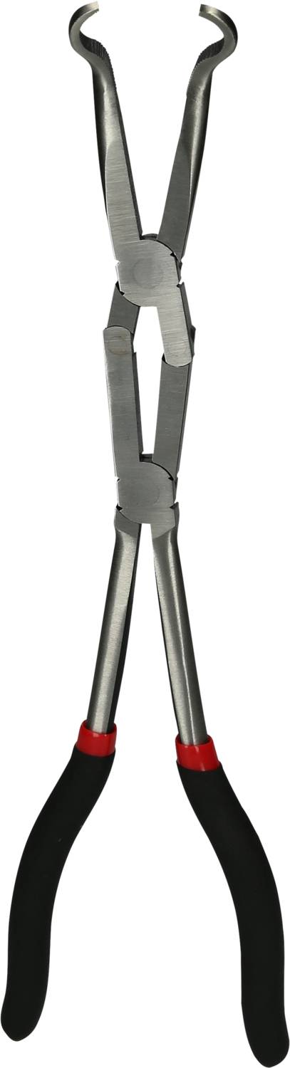 Lange Zange mit gebogenen Spitzen und schwarzem Griff, geeignet für schwer erreichbare Bereiche und präzises Arbeiten.