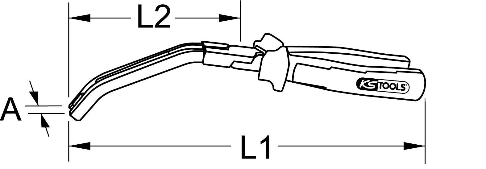 'Zangen-Illustration mit Abmessungen A, L1, L2; von KS Tools. Gezeigt ist eine abgewinkelte Greiffläche mit zwei Griffen.'