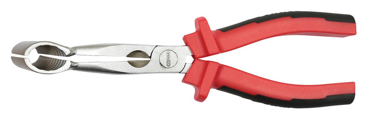 Rote Handzange aus Metall mit schwarzem Griff, dargestellt auf weißem Hintergrund. Werkzeug liegt geöffnet.