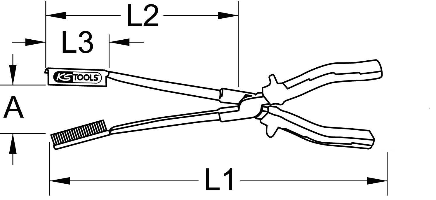 Abbildung eines Entgratwerkzeugs von KS Tools. Zeigt Maße L1, L2, L3 und A zu Werkzeugfunktion. Griff, Zange und Bürste sichtbar.