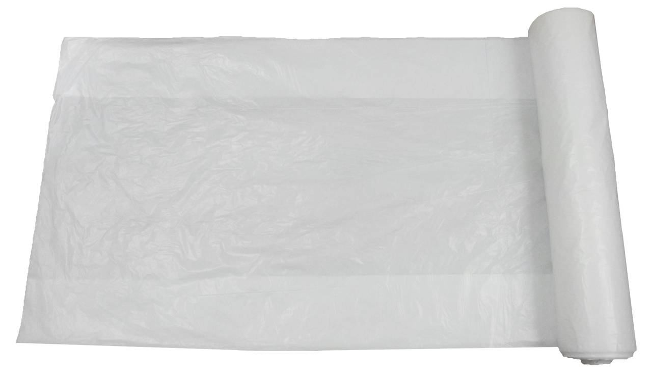 Rolle von transparenten Plastiktüten, teilweise abgewickelt, auf weißem Hintergrund.